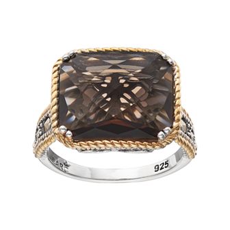 Lavish by TJM Two Tone Sterling Silver Smoky Quartz & Marcasite Octagon Ring
