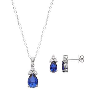 Sterling Silver Simulated Sapphire & Cubic Zirconia Teardrop Pendant & Earring Set