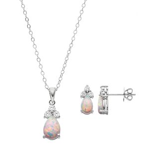 Sterling Silver Simulated Opal & Cubic Zirconia Teardrop Pendant & Earring Set