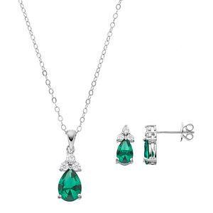 Sterling Silver Simulated Emerald & Cubic Zirconia Teardrop Pendant & Earring Set