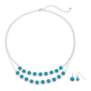 Aqua Stone Double Strand Necklace & Drop Earring Set
