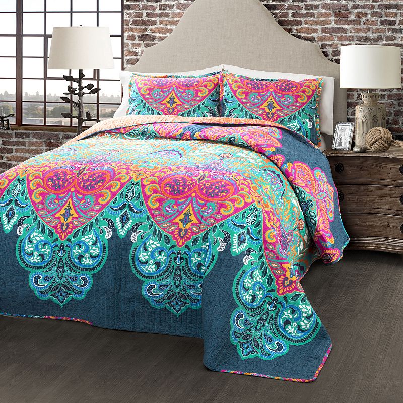 Lush Decor Boho Chic 3-piece Reversible Quilt Set, Blue, King