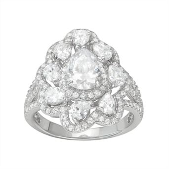 Sterling Silver Cubic Zirconia Pear Halo Ring