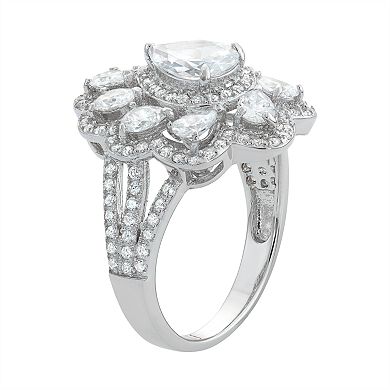 Sterling Silver Cubic Zirconia Pear Halo Ring