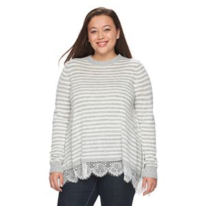 Juniors' Plus Size SO® Scalloped Lace Tunic Sweater