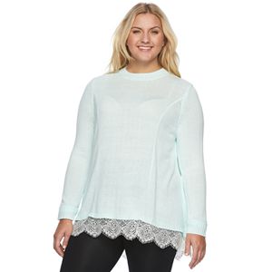 Juniors' Plus Size SO® Scalloped Lace Tunic Sweater