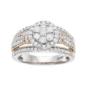 Two Tone 10k Gold 1 Carat T.W. Diamond Cluster Halo Engagement Ring