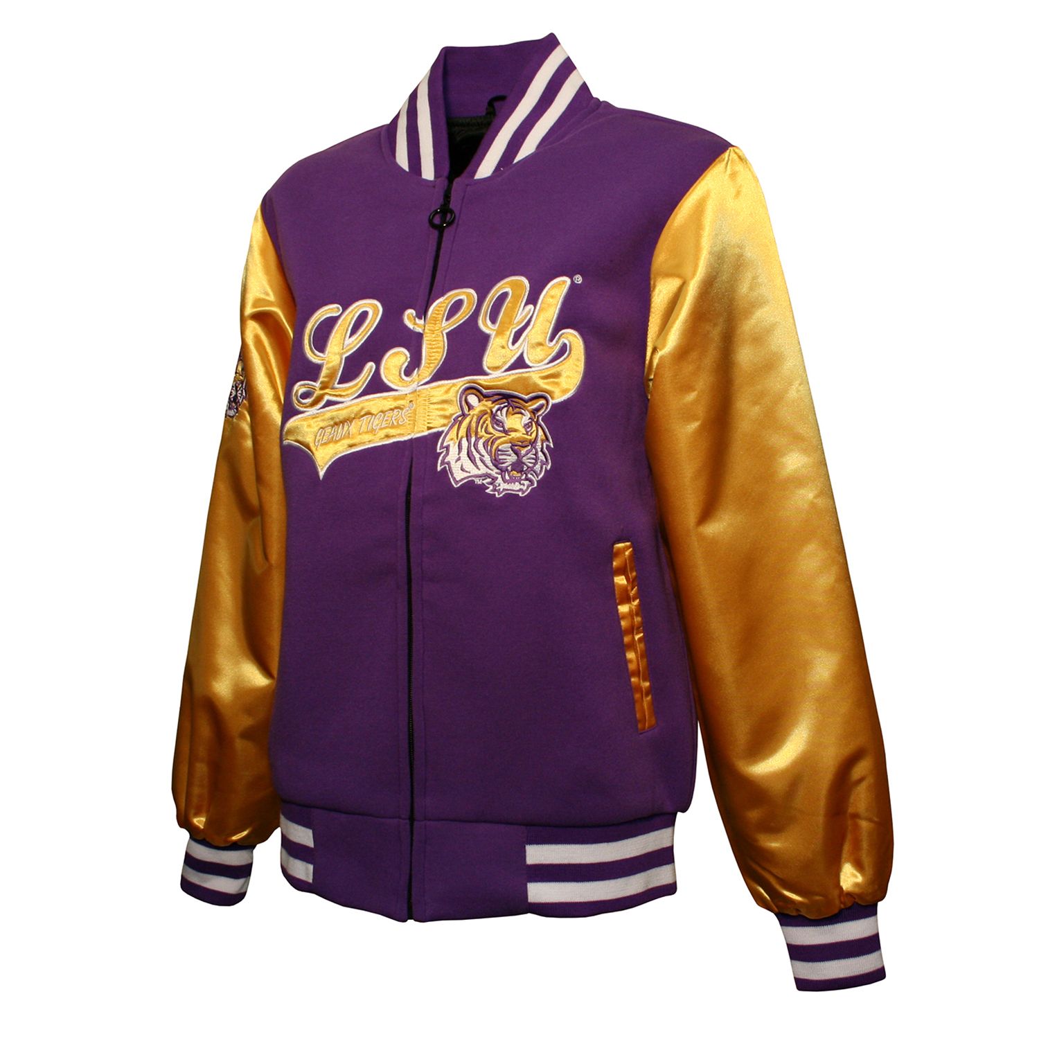 purple and yellow varsity jacket