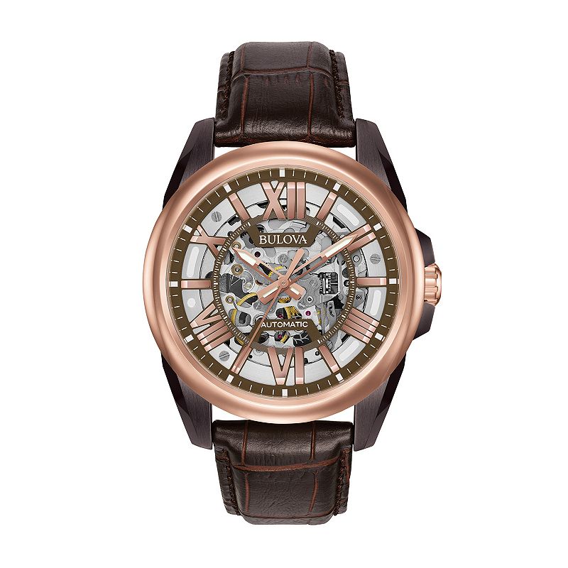 Bulova Men's Leather Automatic Skeleton Watch - 98A165, Brown