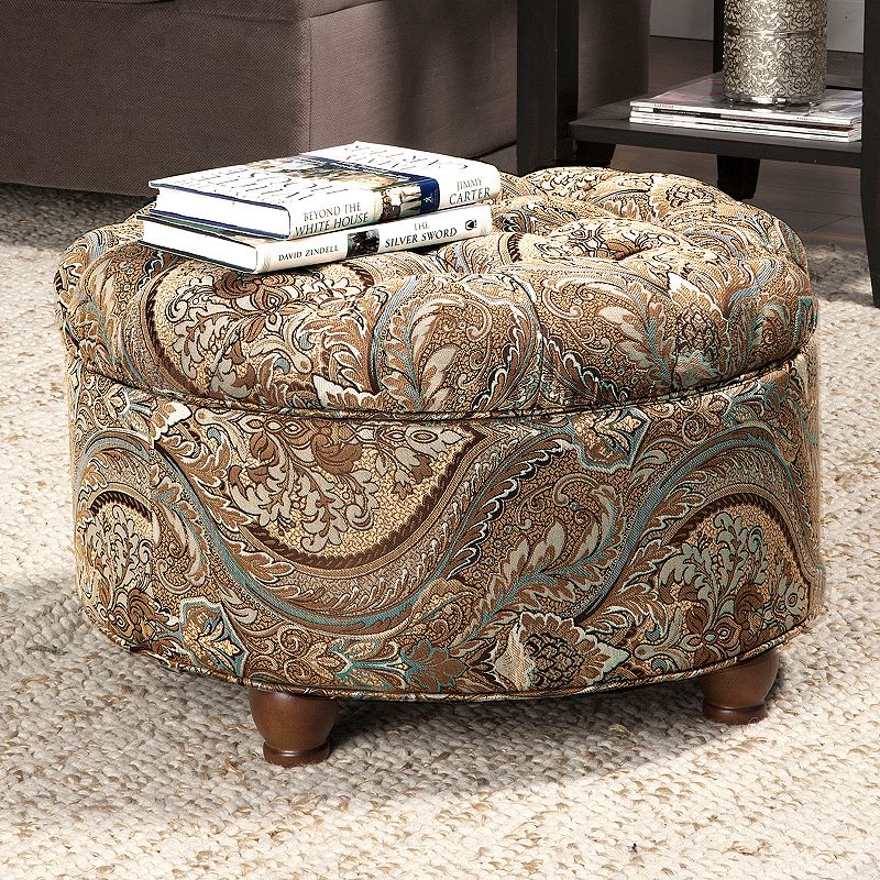 HomePop Button Tufted Round Storage Ottoman, Brown