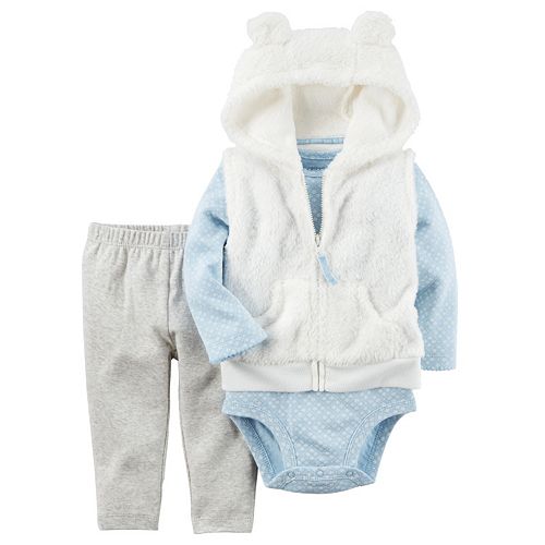 Baby Girl Carter's Velboa Vest, Print Bodysuit & Pants Set