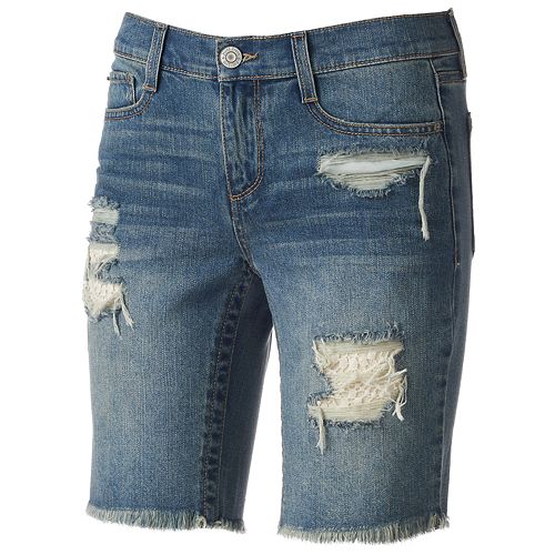 Juniors' Mudd Crochet Ripped Bermuda Jean Shorts