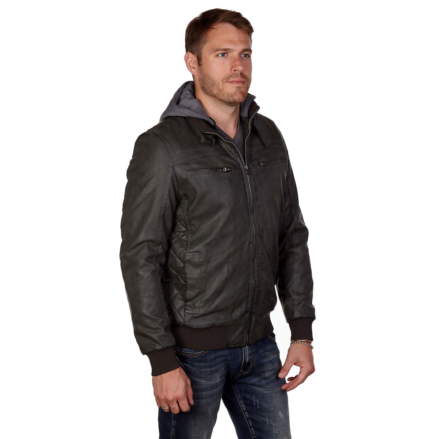 men's faux leather jacket with hood