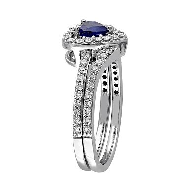 Stella Grace 10k White Gold 1/2 Carat T.W. Diamond & Sapphire Heart Engagement Ring Set