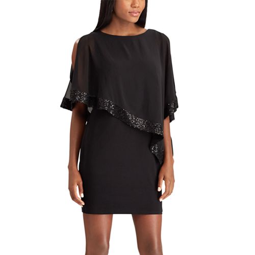 Chaps Sequin Cold-Shoulder Chiffon-Overlay Evening Dress Women's Chaps Sequin Cold-Shoulder Chiffon-Overlay Evening Dress