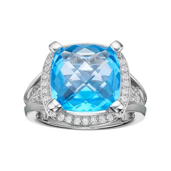 Sterling Silver Blue Topaz & Lab-Created White Sapphire Halo Ring