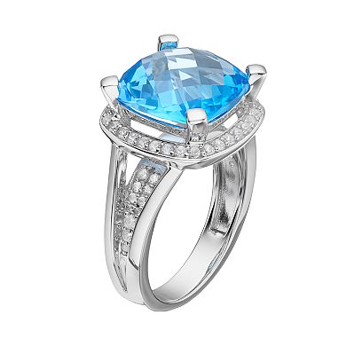 MASTERPIECE Sterling Silver Blue Topaz & Lab-Created White Sapphire Halo Ring