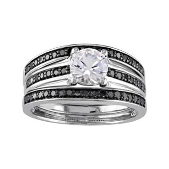 Stella Grace Sterling Silver 1/2 Carat T.W. Black Diamond & Lab-Created White Sapphire Engagement Ring Set