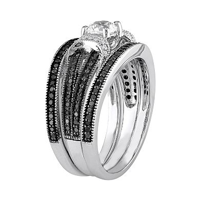 Stella Grace Sterling Silver 5/8 Carat T.W. Black & White Diamond & Lab-Created White Sapphire Engagement Ring Set
