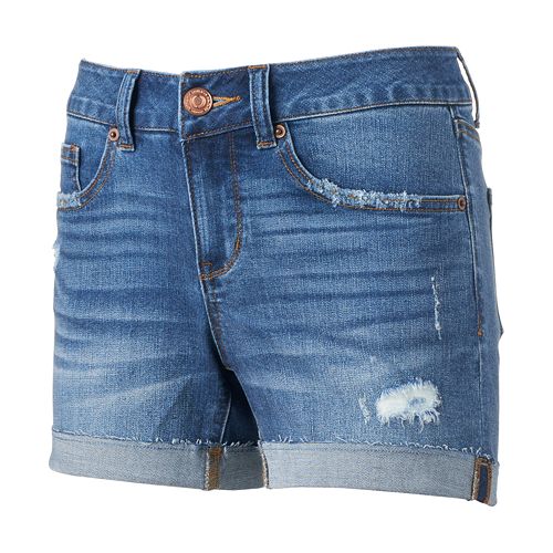 Juniors' SO® Raw-Edge Denim Midi Shorts