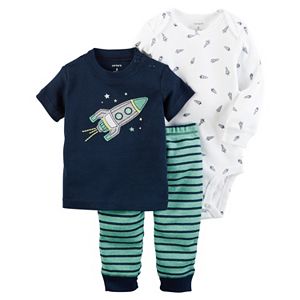 Baby Boy Carter's Print Bodysuit, Spaceship Tee & Striped Pants Set