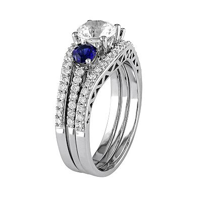 Stella Grace 10k White Gold Lab-Created White & Blue Sapphire & 1/2 Carat T.W. Diamond 3-Piece Engagement Ring Set