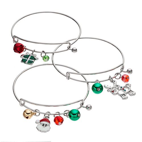 Christmas Gift, Santa, Reindeer & Jingle Bell Charm Bangle Bracelet Set