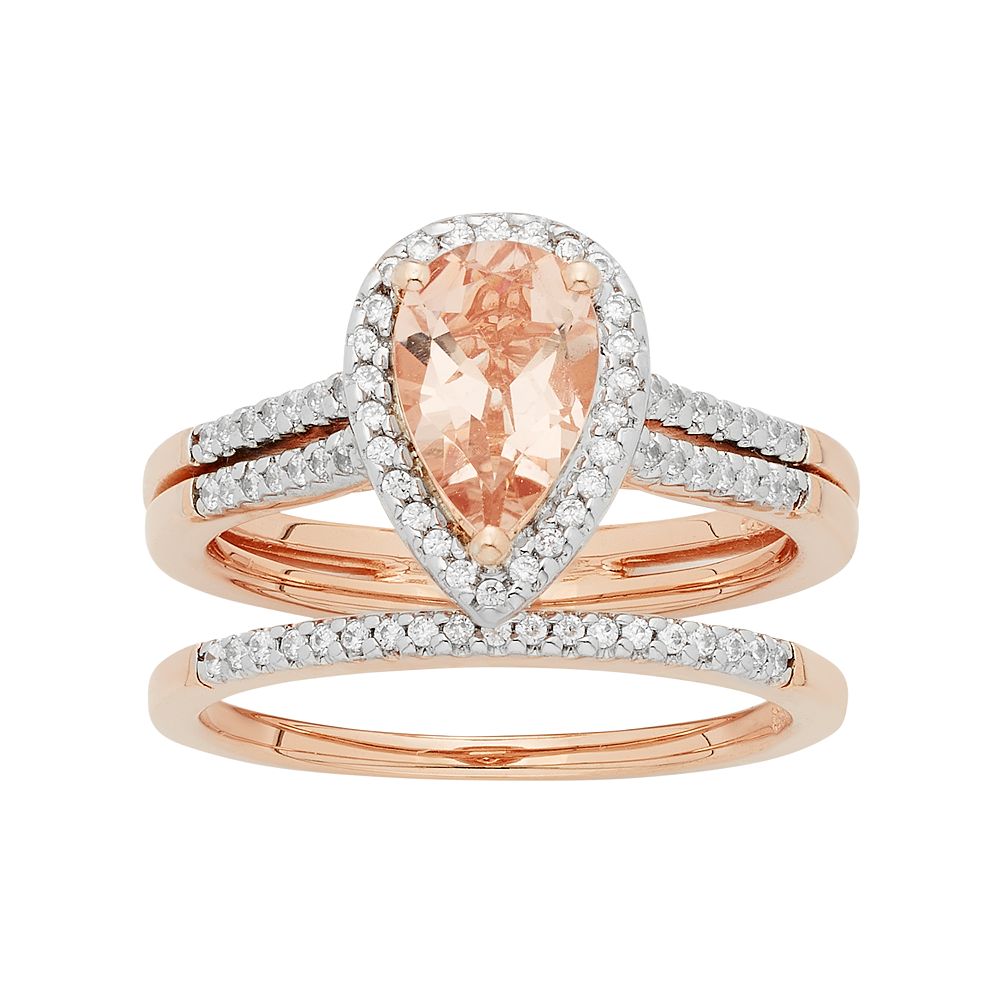 14k Rose Gold Morganite & 1/5 Carat T.W. Diamond Pear Halo Engagement Ring Set