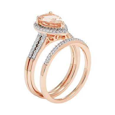 14k Rose Gold Morganite & 1/5 Carat T.W. Diamond Pear Halo Engagement Ring Set
