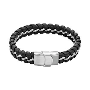 1913 Men's Stainless Steel & Black Leather Woven Bracelet