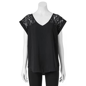Juniors' Miss Chievous V-Neck Lace Yoke Top