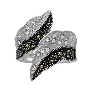 Silver Plated Crystal & Marcasite Leaf Bypass Ring