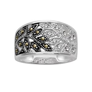 Silver Plated Crystal & Marcasite Leaf Ring