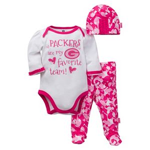 Baby Girl Green Bay Packers 3-Piece Bodysuit, Pants & Cap Set