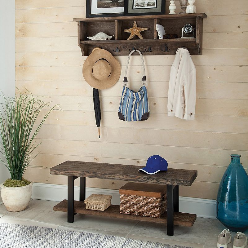 Alaterre Pomona Wood Bench & Coat Hook Cubby Wall Shelf 2-piece Set, Brown