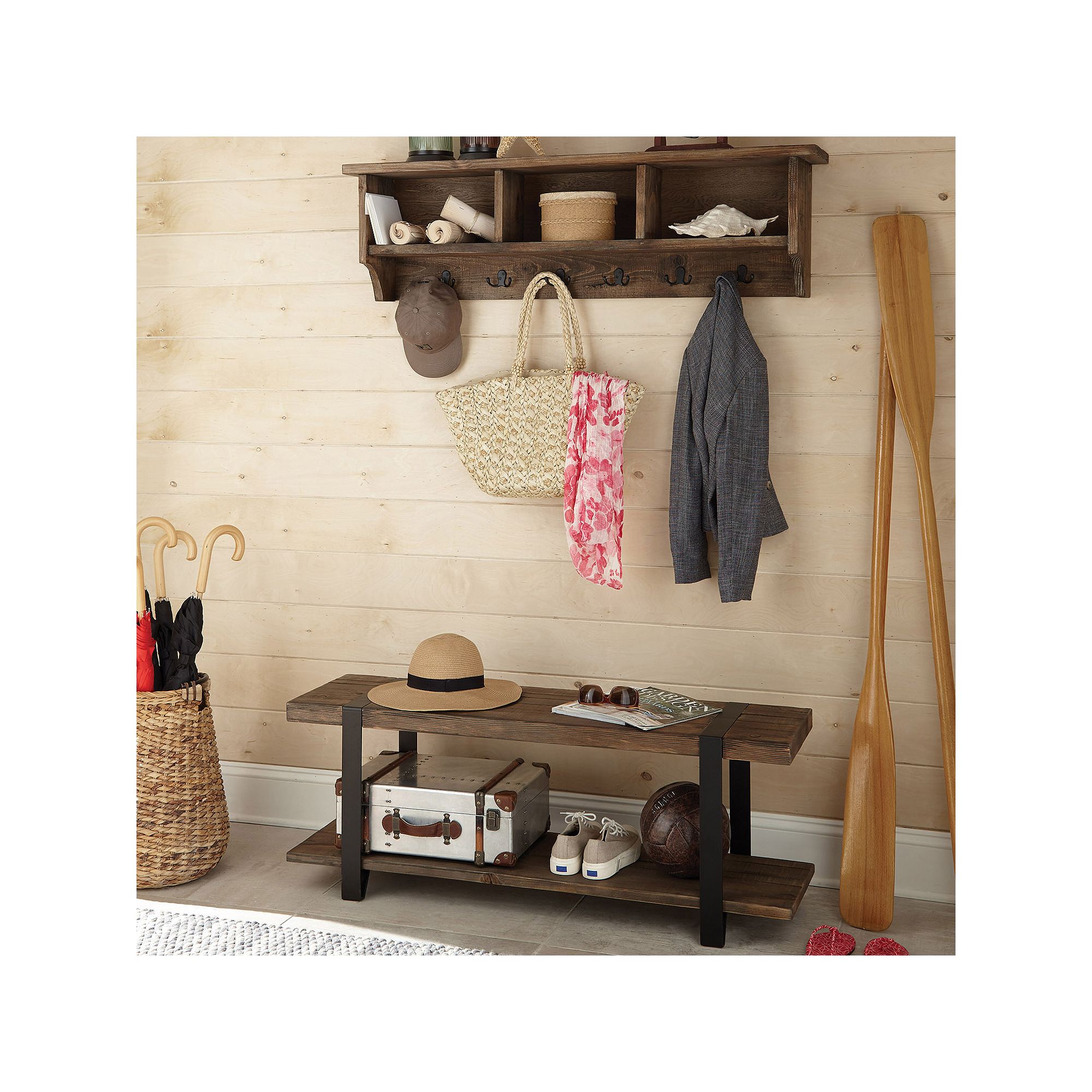 Alaterre Modesto Wood Bench & Coat Hook Cubby Wall Shelf 2-piece Set, Brown