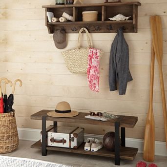 Alaterre Modesto Wood Bench & Coat Hook Cubby Wall Shelf 2 pc Set