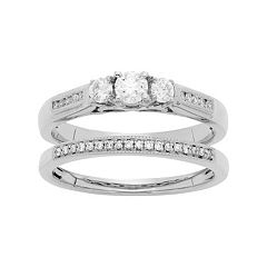 14k White Gold 1\/2 Carat T.W. IGL Certified Diamond 3-Stone Engagement Ring Set by