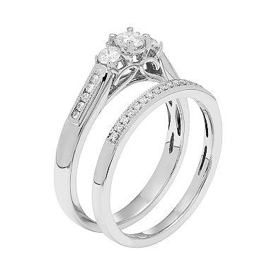 14k White Gold 1/2 Carat T.W. IGL Certified Diamond 3-Stone Engagement Ring Set