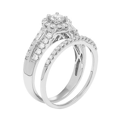 14k White Gold 1 Carat T.W. IGL Certified Diamond Halo Engagement Ring Set