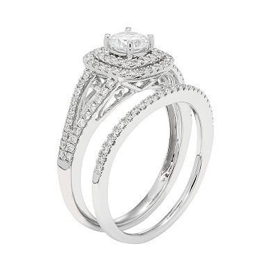14k White Gold 1 Carat T.W. IGL Certified Diamond Square Halo Engagement Ring Set