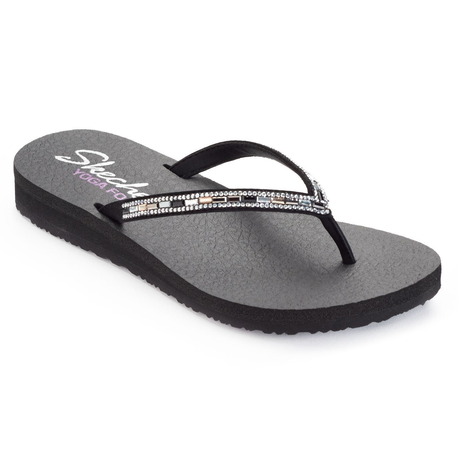 skechers black mid heel diamante strap flip flops