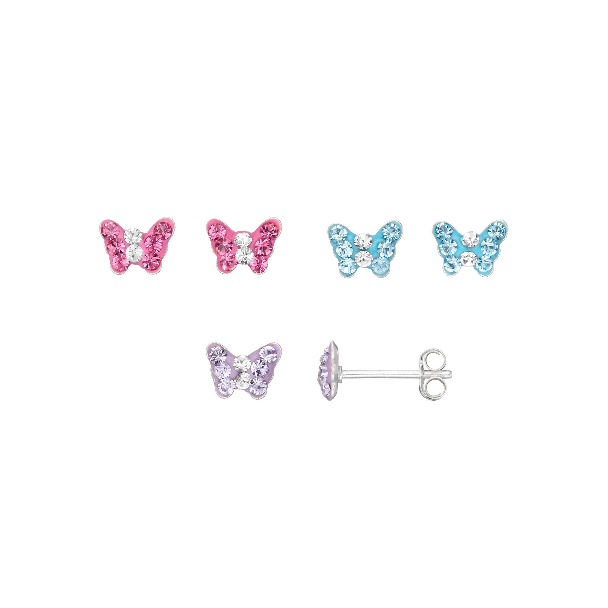 Charming Girl Kids Sterling Silver Crystal Butterfly Stud Earring Set, Gi