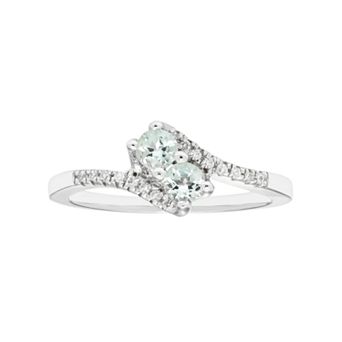 Sterling Silver Aquamarine Two Stone & Diamond Accent Bypass Ring