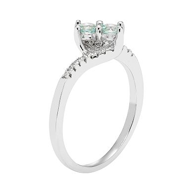 Sterling Silver Aquamarine Two Stone & Diamond Accent Bypass Ring