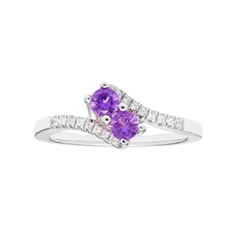 Sterling Silver Amethyst Two Stone & Diamond Accent Bypass Ring