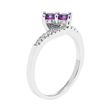 Sterling Silver Amethyst Two Stone & Diamond Accent Bypass Ring