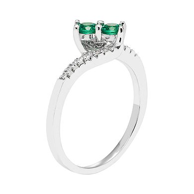 Sterling Silver Lab Created Emerald Two Stone & Diamond Accent Bypass Ring