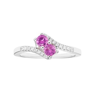 Sterling Silver Lab Created Pink Sapphire Two Stone & Diamond Accent Bypass Ring