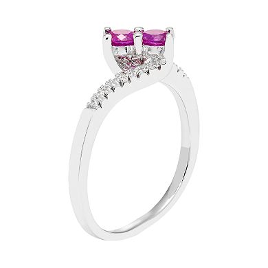 Sterling Silver Lab Created Pink Sapphire Two Stone & Diamond Accent Bypass Ring